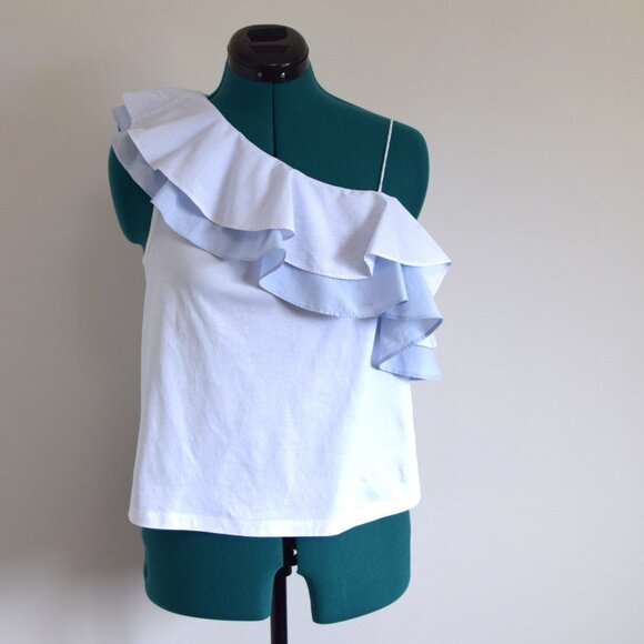 Club Monaco White and Blue Ruffled off the Shoulder Tank Top - Picture 2 of 6